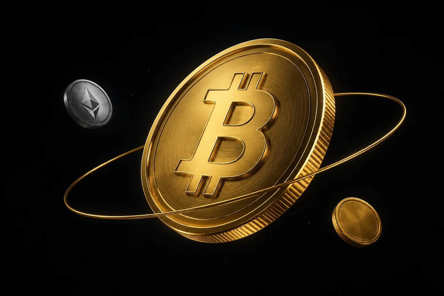 Une pièce Bitcoin en or en suspension, entourée d’une orbite lumineuse et de deux pièces